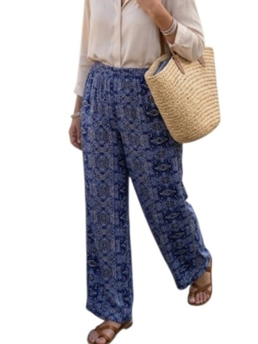 Monterey Bay Wide Leg Palazzo Pants Women Petite Large Blue Boho Geometric Print